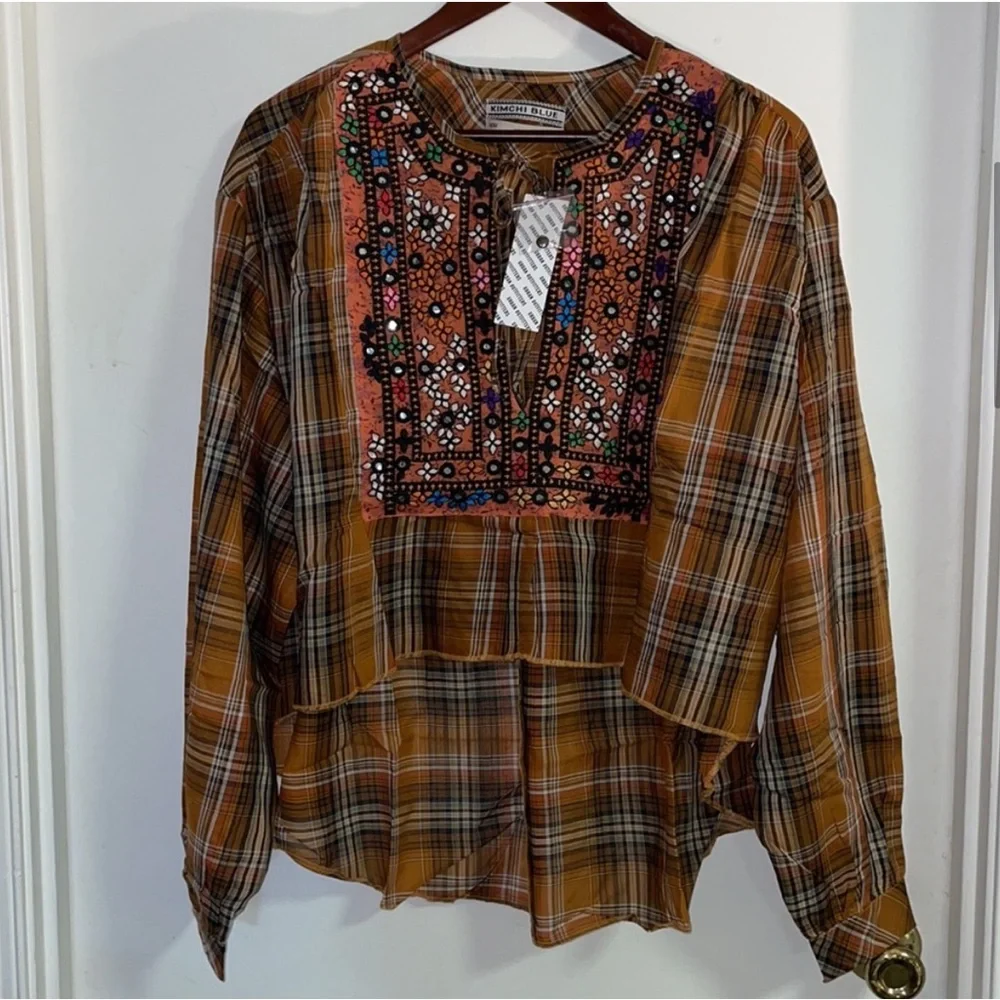 🧱 {PRICE FIRM} UO Kimchi Blue Ryder Embroidered Plaid Top - Picture 4 of 8